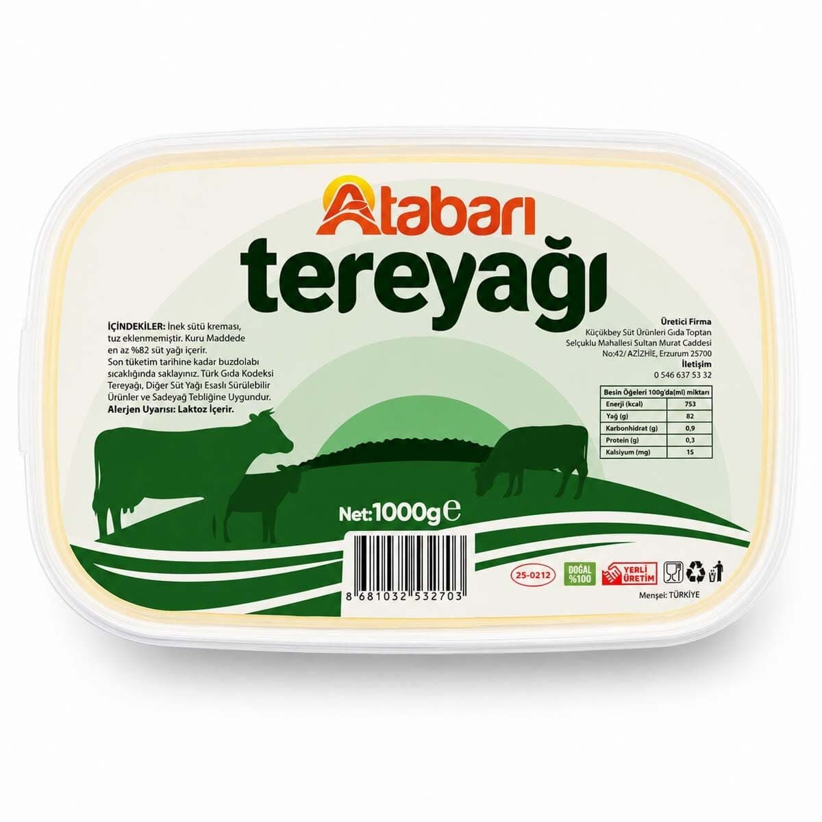 Atabarı Hakiki Tereyağı | Katkısız, Gerçek Tereyağı (1 Kg)
